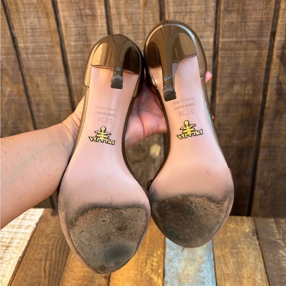 Prada Vero Cuoio Patent Brown Bronze Open Toe High Heels - Picture 11 of 16